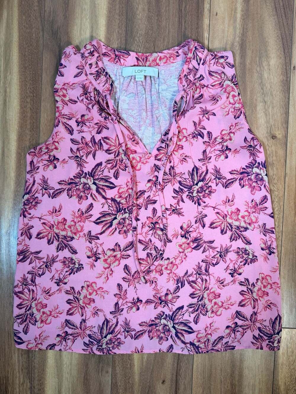 LOFT Floral Sleeveless Blouse XS Pink Tie Neck